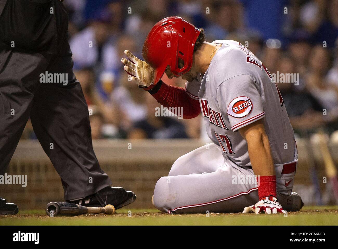 Cincinnati Reds' Kyle Farmer is hit by a pitch during the seventh inning of  the team's baseball game against the Washington Nationals in Washington,  Tuesday, May 25, 2021. (AP Photo/Manuel Balce Ceneta