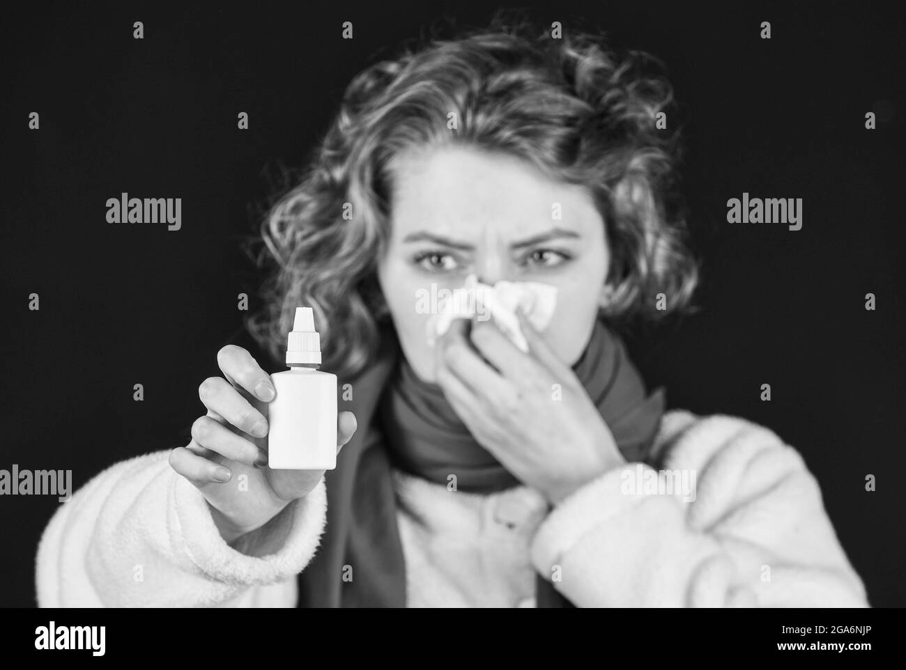 female health concept. woman with cold flu use nasal spray. illness infection concept. contagious respirator disease. coronavirus, novel chinese virus Stock Photo