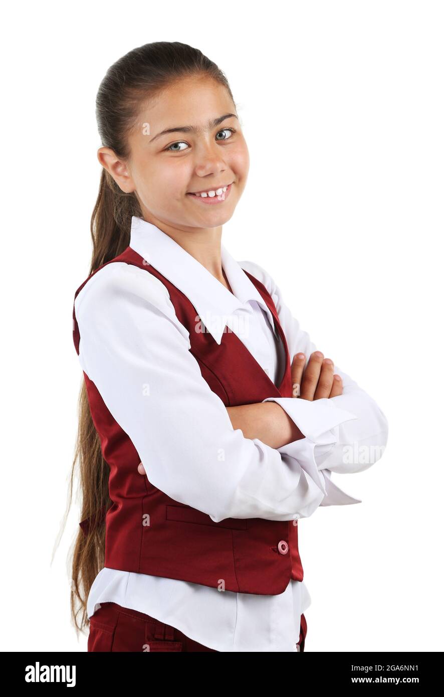 Beautiful little girl in school uniform isolated on white Stock Photo -  Alamy