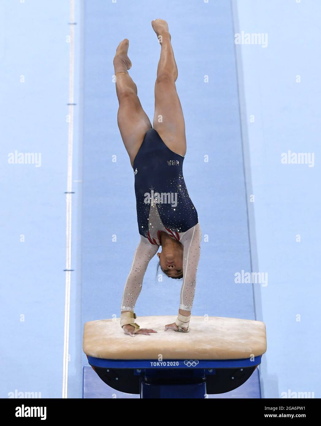 Tokyo, Japan. 29th July, 2021. Sunisa Lee of the United States makes her vault during the Women's All-Around Gymnastics competition at the Tokyo 2020 Olympics, Thursday, July 29, 2021, in Tokyo, Japan. Photo by Mike Theiler/UPI Credit: UPI/Alamy Live News Stock Photo