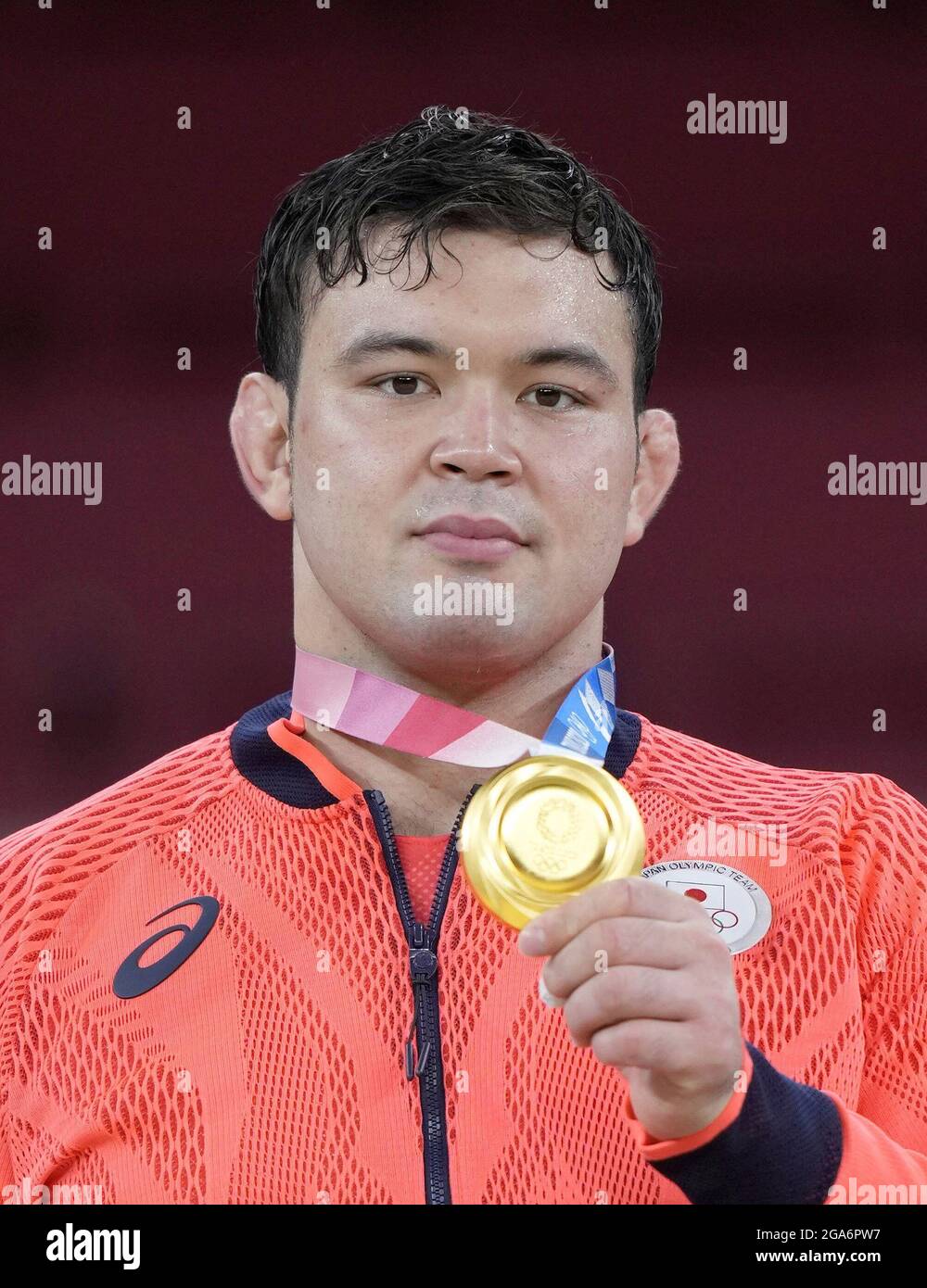 Aaron Wolf of Japan poses with his judo 100-kilogram gold medal at the Tokyo Olympics at Nippon Budokan in Tokyo on July 29, 2021. (Kyodo)==Kyodo Photo via Credit: Newscom/Alamy Live News Stock Photo