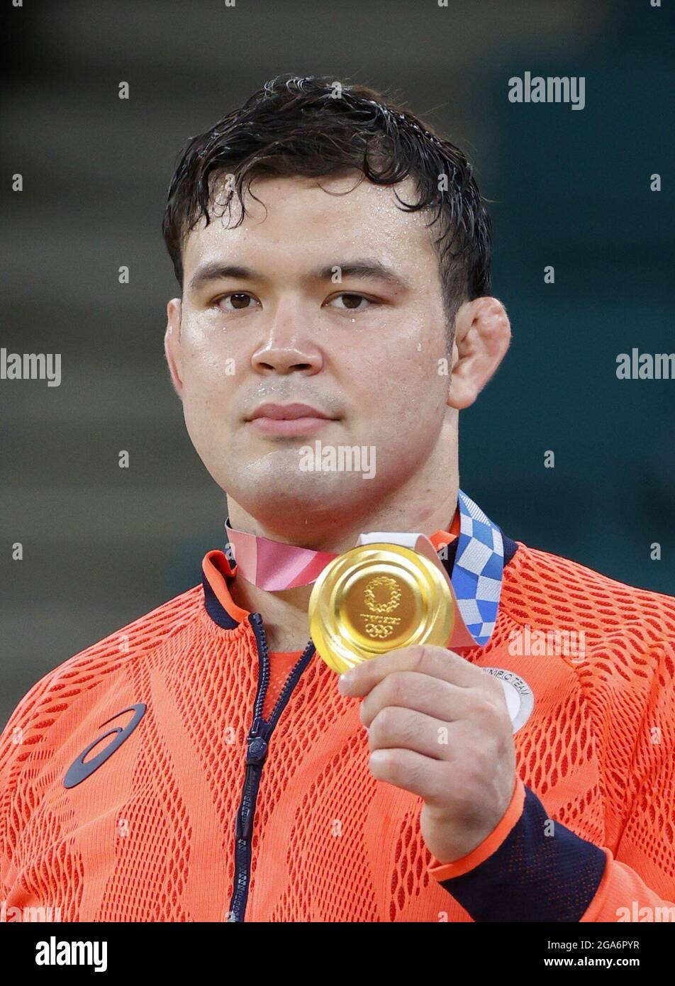 Aaron Wolf of Japan poses with his judo 100-kilogram gold medal at the Tokyo Olympics at Nippon Budokan in Tokyo on July 29, 2021.(Kyodo)(SELECTION) ==Kyodo (Kyodo) ==Kyodo Photo via Credit: Newscom/Alamy Live News Stock Photo