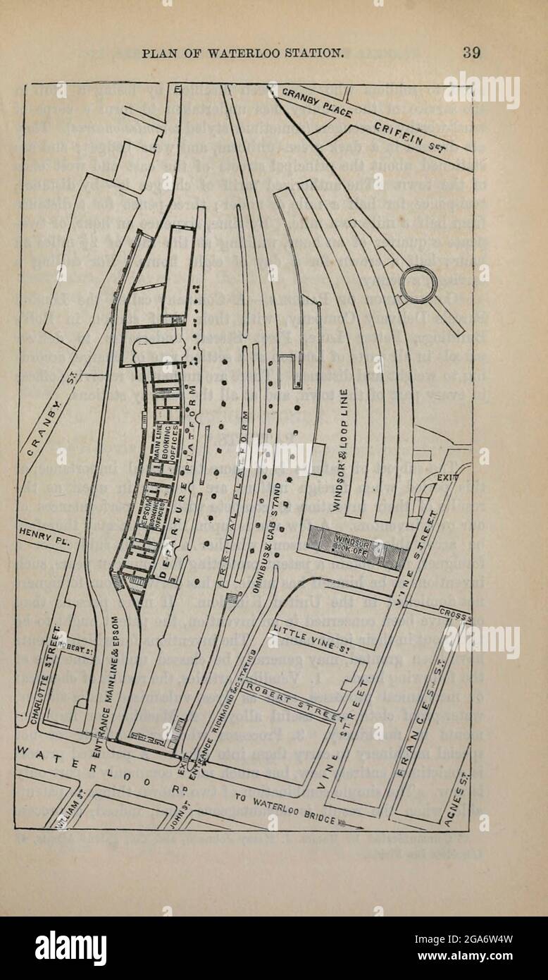 Plan of Waterloo Station From the book ' London and its environs : a practical guide to the metropolis and its vicinity, illustrated by maps, plans and views ' by Adam and Charles Black Published in Edinburgh by A. & C. Black 1862 Stock Photo