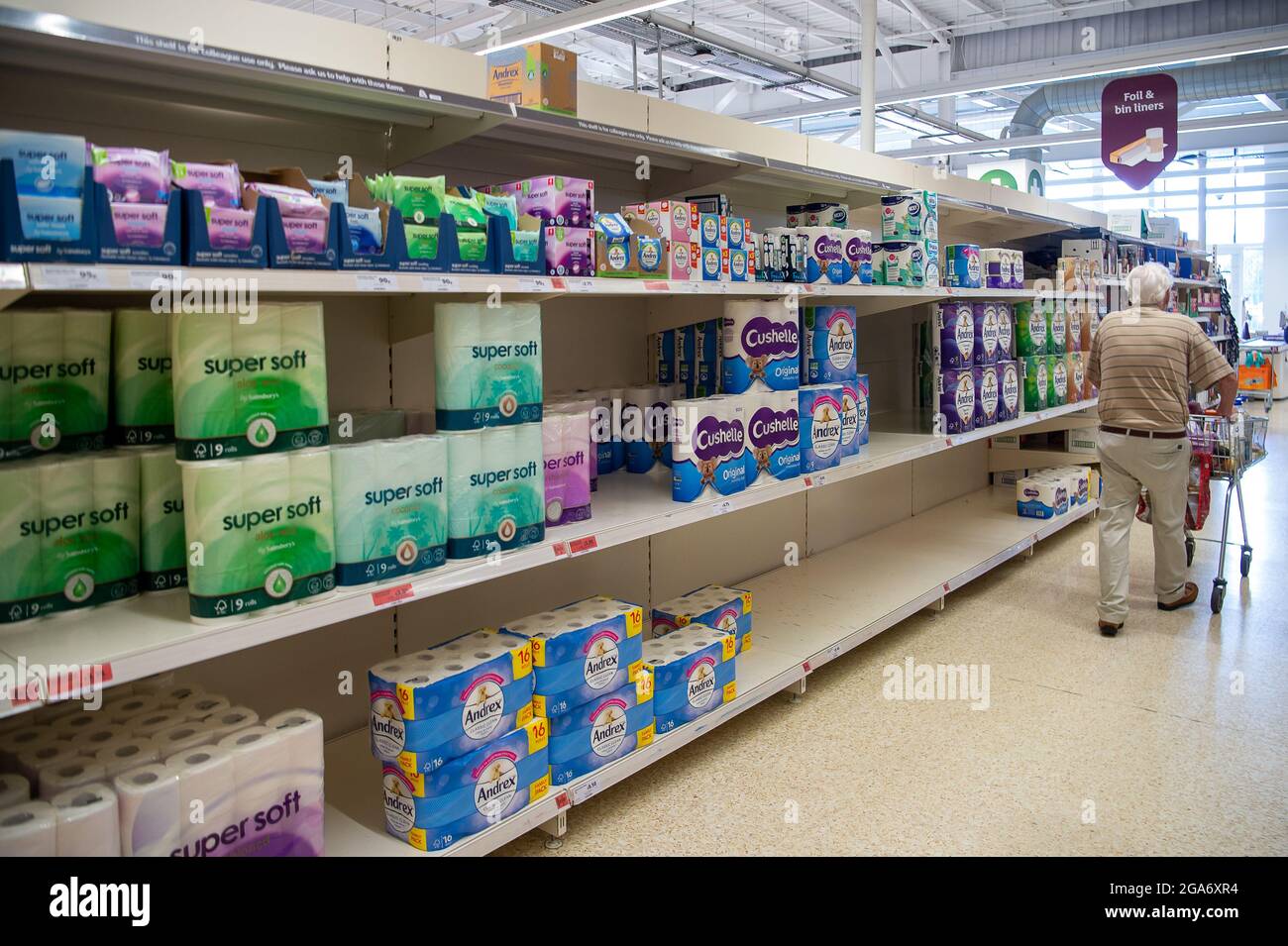 Taplow, Buckinghamshire, UK. 29th July, 2021. Some customers have been panic buying toilet rolls again leaving some gaps in the shelves, however, Sainsbury's Supermarket in Taplow was well stocked this morning. There are some supply chain issues in general with supermarkets due to HGV lorry driver shortages as well as supply chain production staff having to self isolate due to having been pinged by the Covid-19 NHS Track and Trace app. Credit: Maureen McLean/Alamy Live News Stock Photo
