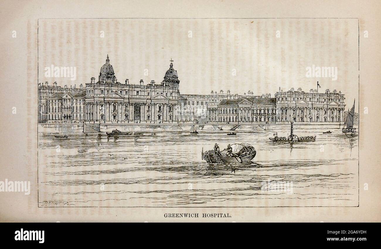Greenwich Hospital and River Thames From the book ' London and its environs : a practical guide to the metropolis and its vicinity, illustrated by maps, plans and views ' by Adam and Charles Black Published in Edinburgh by A. & C. Black 1862 Stock Photo