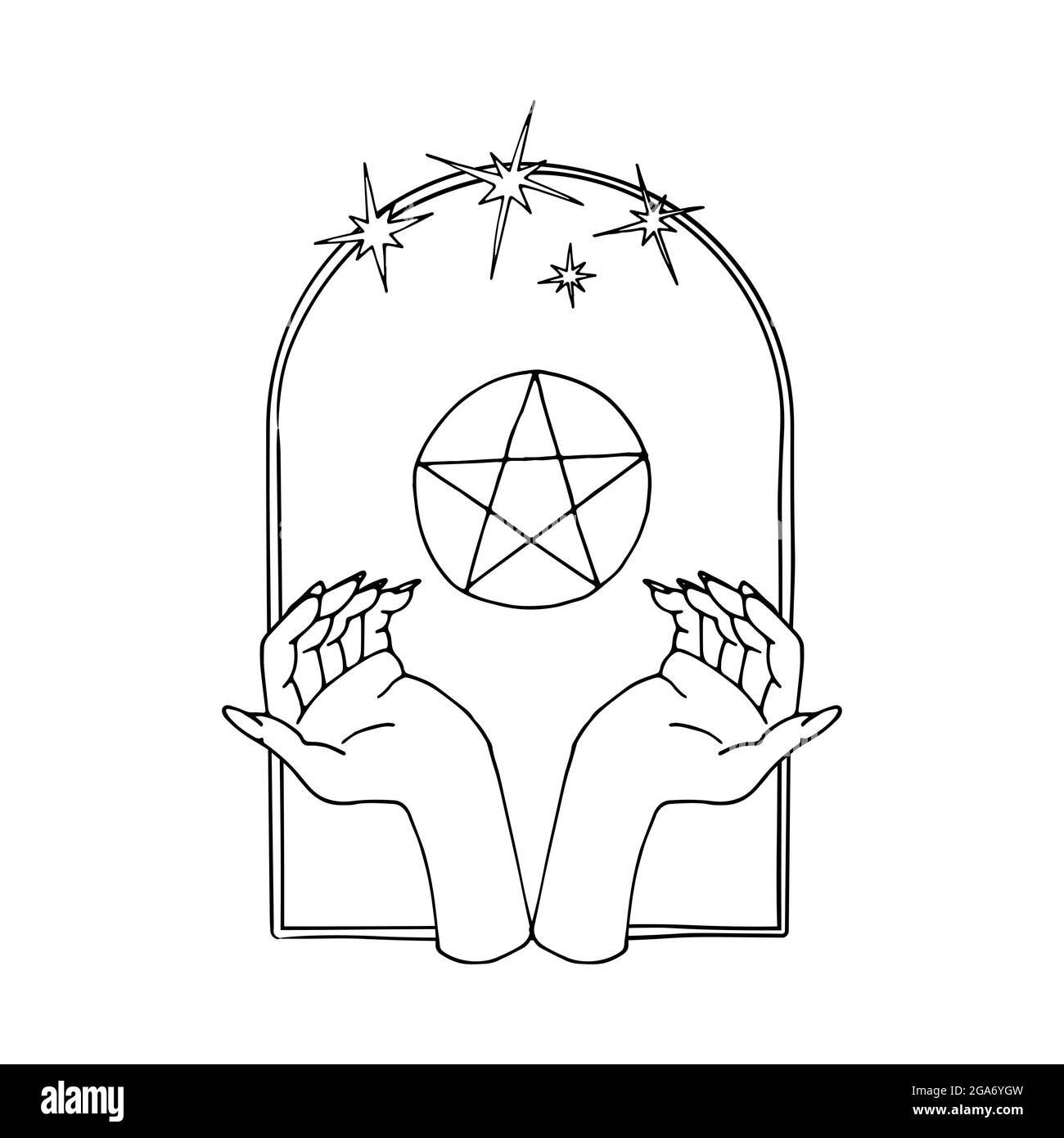 Vintage Mystic hands and 5 rays star inside arch Stock Vector