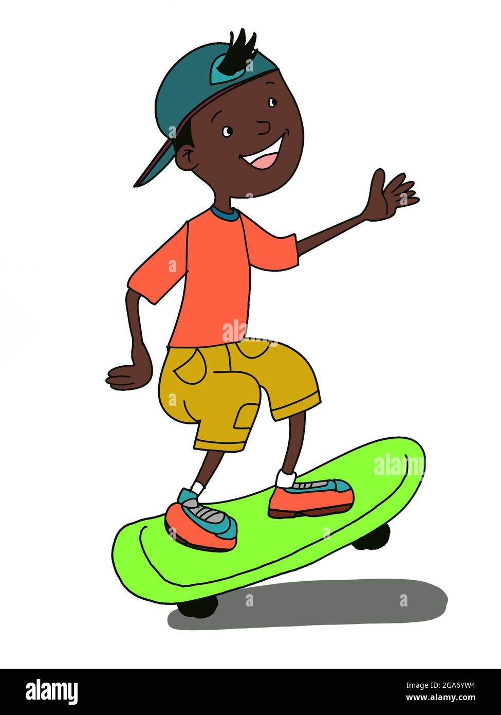 Cute, black  boy , cartoon illustration ,skating. Stock Photo