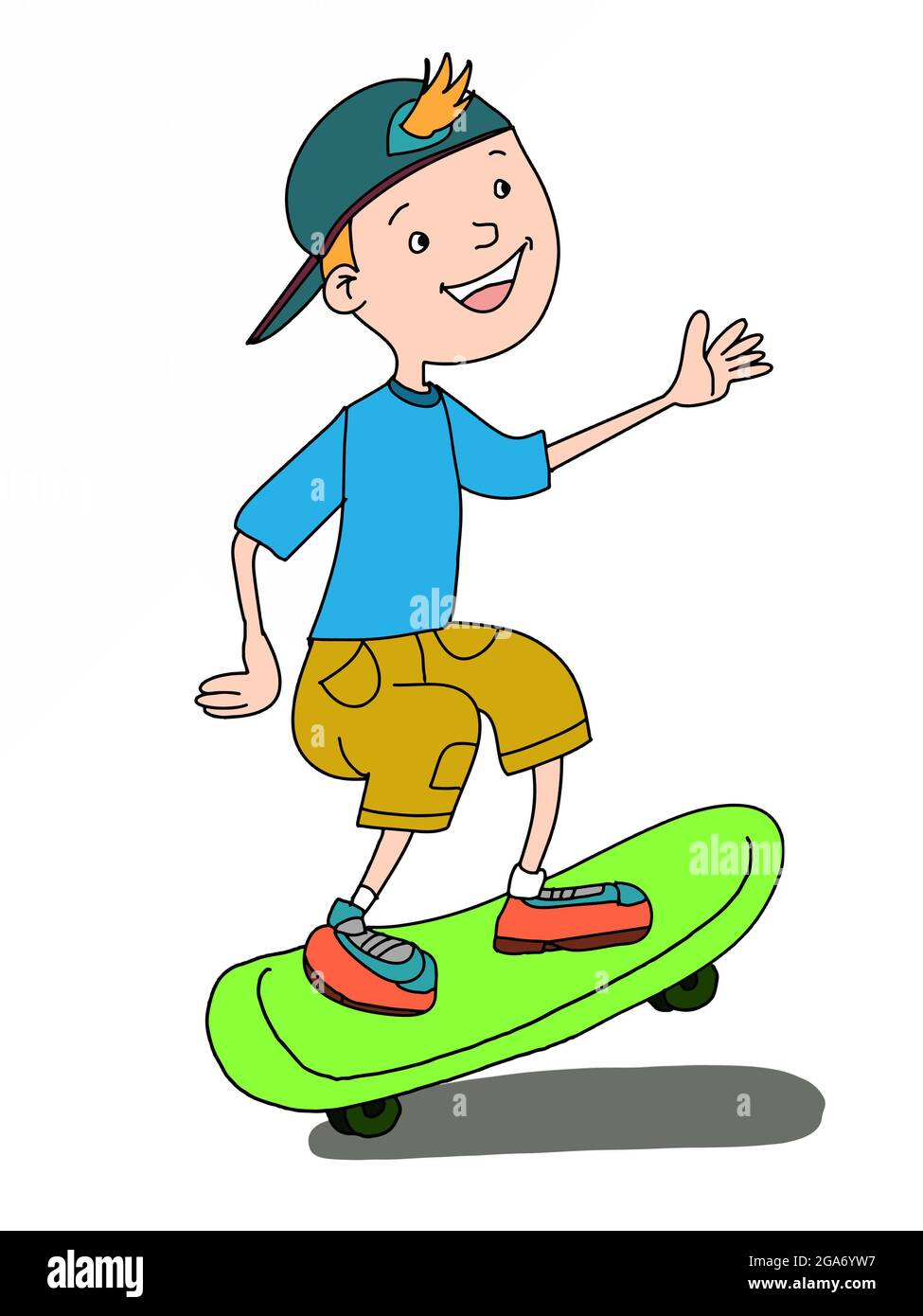 Cute ,boy , blonde ,cartoon illustration ,skating. Stock Photo