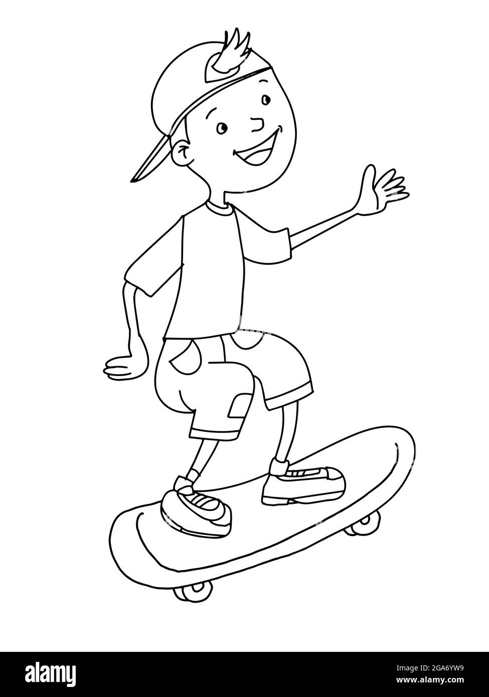 Cute, black  boy , cartoon illustration ,skating.Line drawing Stock Photo