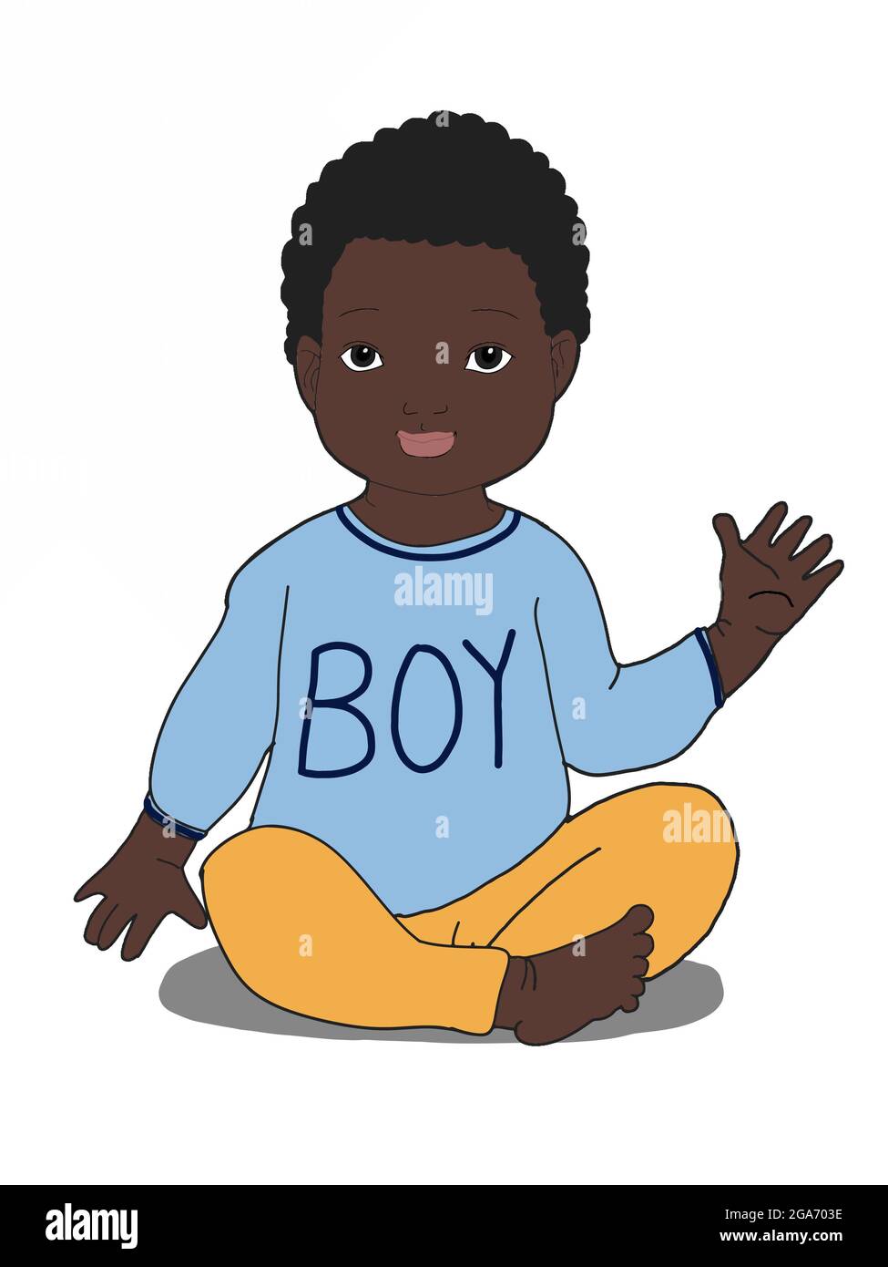 Cute ,cartoon ,black curly boy l baby  sitting ,hi five,illustration  boy text clothes Stock Photo