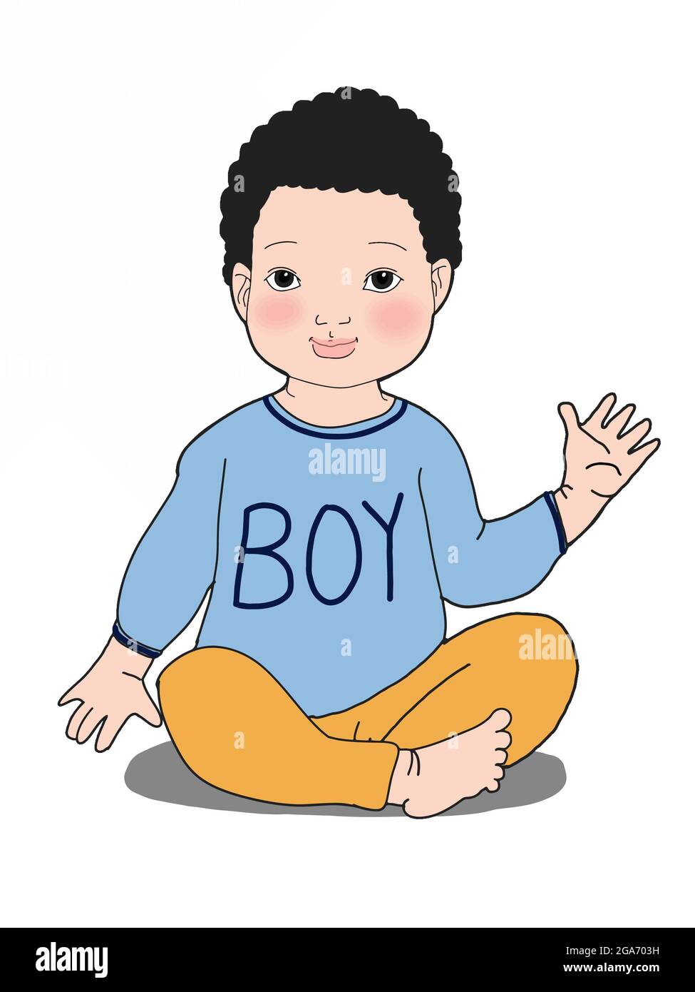 Cute ,cartoon ,curly boy baby  sitting ,hi five,illustration Stock Photo