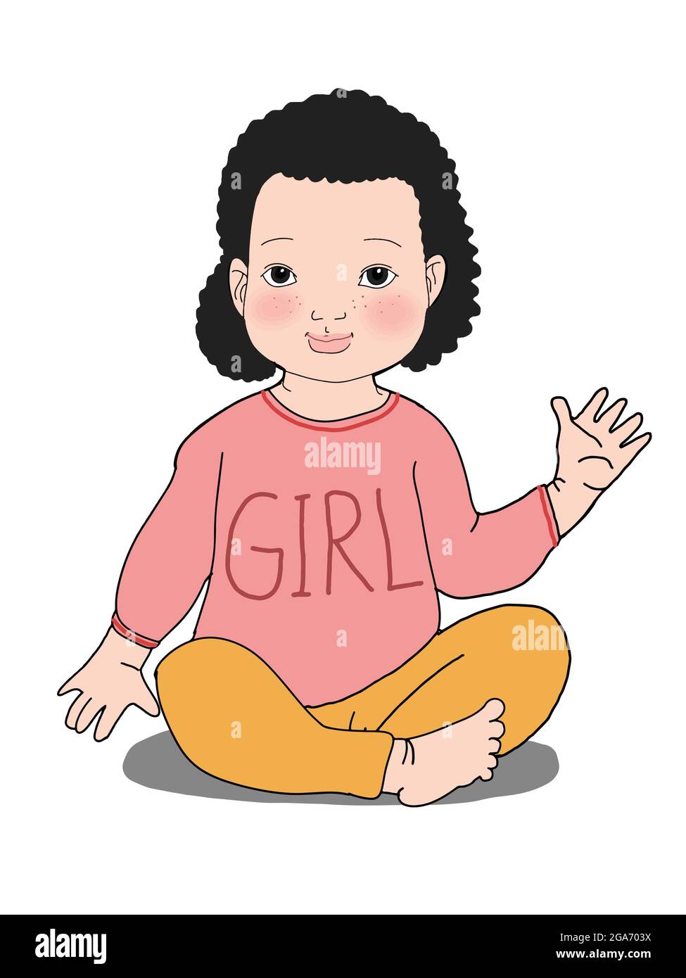 Cute ,cartoon ,curly girl baby  sitting ,hi five,illustration  girl text clothes Stock Photo