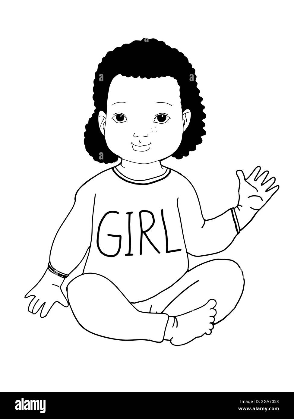 Cute ,cartoon ,black curly girl baby  sitting ,hi five,illustration  girl text clothes black white colors Stock Photo
