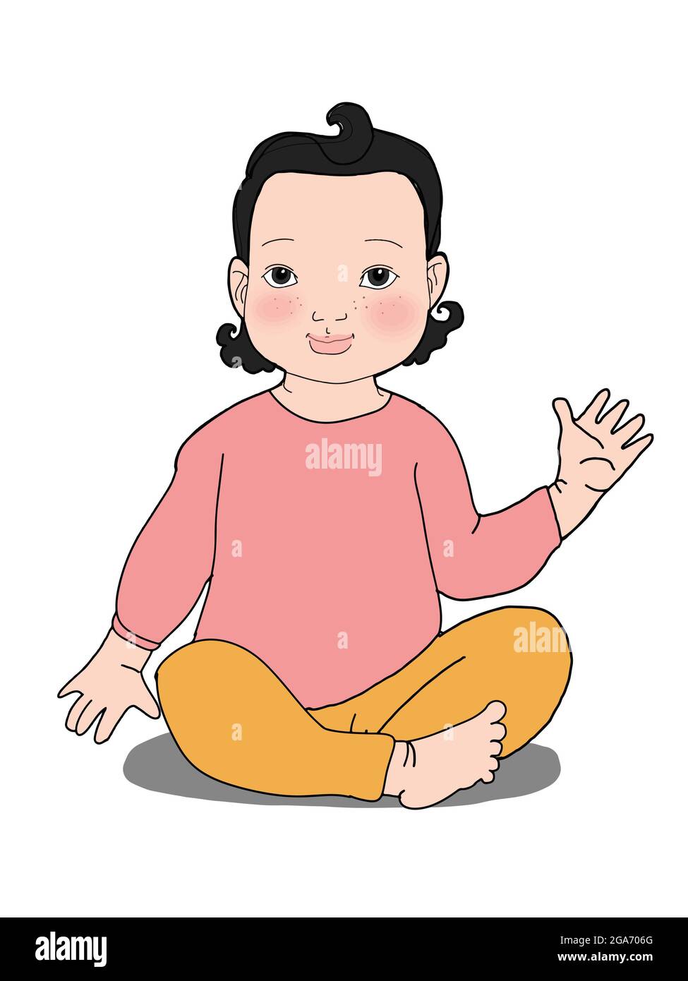 Cute ,cartoon ,black  hair  girl baby  sitting ,hi five,illustration Stock Photo