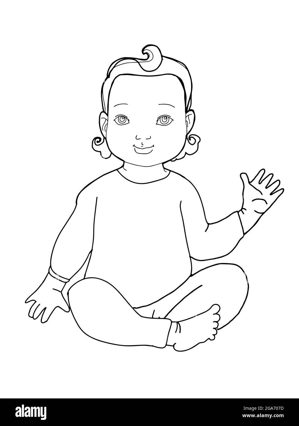 Cute ,cartoon ,black curly girl baby  sitting ,hi five,illustration  girl text clothes,line drawing Stock Photo