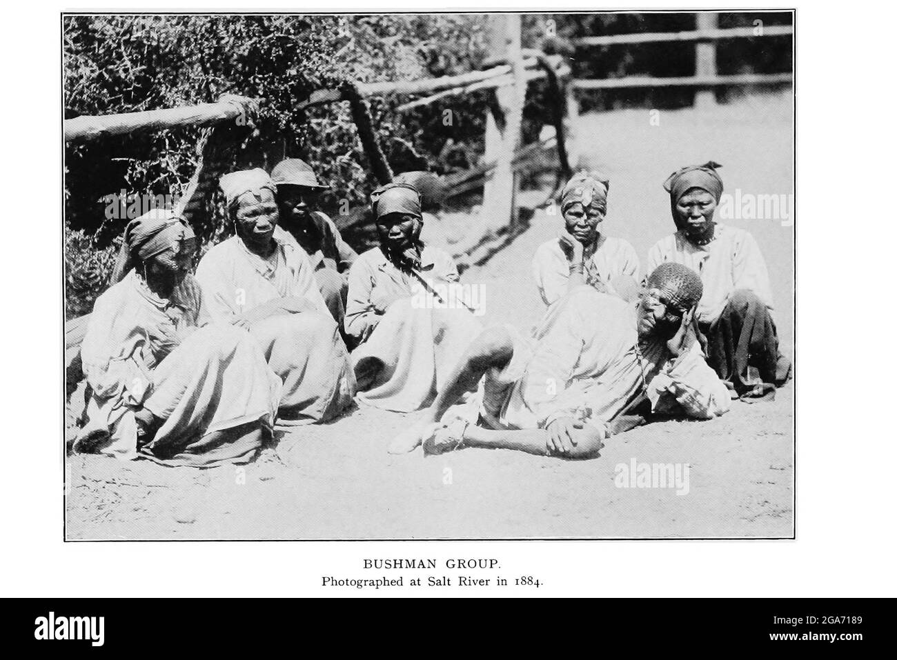 Bushman Group Photographed at Salt River in 1884 From the book '  Specimens of Bushman folklore ' by Bleek, W. H. I. (Wilhelm Heinrich Immanuel), Lloyd, Lucy Catherine, Theal, George McCall, 1837-1919 Published in London by  G. Allen & Company, ltd. in 1911. The San peoples (also Saan), or Bushmen, are members of various Khoe, Tuu, or Kxʼa-speaking indigenous hunter-gatherer groups that are the first nations of Southern Africa, and whose territories span Botswana, Namibia, Angola, Zambia, Zimbabwe, Lesotho and South Africa. Stock Photo