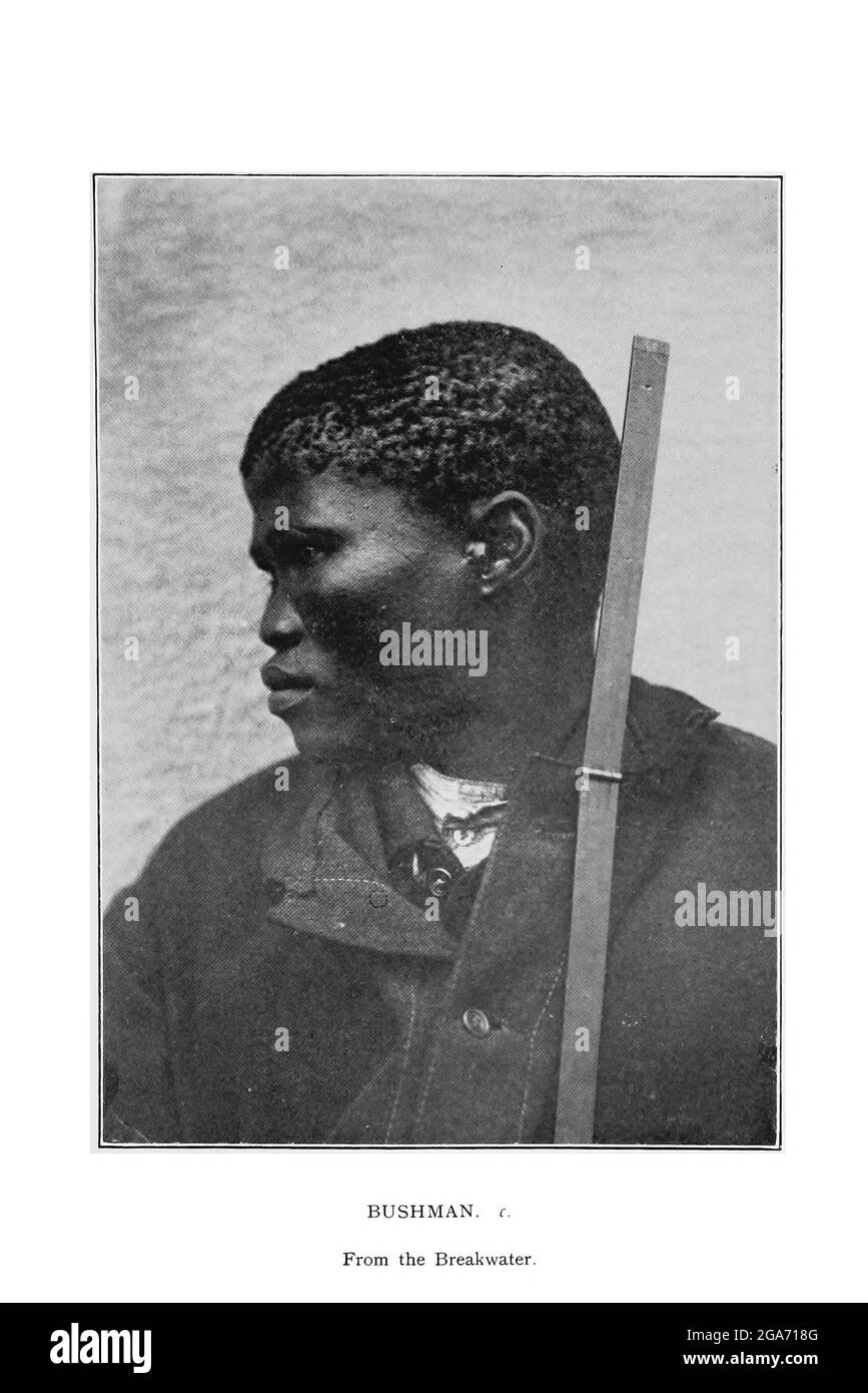 Portrait of a Bushman from the Breakwater From the book '  Specimens of Bushman folklore ' by Bleek, W. H. I. (Wilhelm Heinrich Immanuel), Lloyd, Lucy Catherine, Theal, George McCall, 1837-1919 Published in London by  G. Allen & Company, ltd. in 1911. The San peoples (also Saan), or Bushmen, are members of various Khoe, Tuu, or Kxʼa-speaking indigenous hunter-gatherer groups that are the first nations of Southern Africa, and whose territories span Botswana, Namibia, Angola, Zambia, Zimbabwe, Lesotho and South Africa. Stock Photo