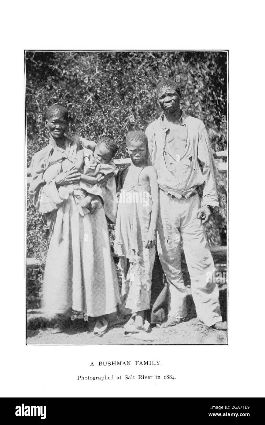 A Bushman Family Photographed in Salt River in 1884 From the book '  Specimens of Bushman folklore ' by Bleek, W. H. I. (Wilhelm Heinrich Immanuel), Lloyd, Lucy Catherine, Theal, George McCall, 1837-1919 Published in London by  G. Allen & Company, ltd. in 1911. The San peoples (also Saan), or Bushmen, are members of various Khoe, Tuu, or Kxʼa-speaking indigenous hunter-gatherer groups that are the first nations of Southern Africa, and whose territories span Botswana, Namibia, Angola, Zambia, Zimbabwe, Lesotho and South Africa. Stock Photo