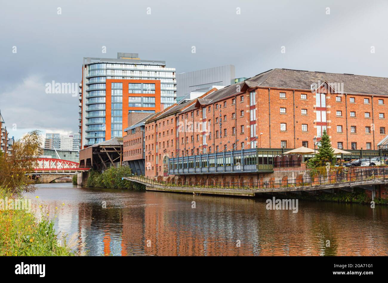 View from the Salford side over the River Irwell to Spinningfields and the Manchester Marriott Victoria & Albert Hotel Manchester, north-west England Stock Photo