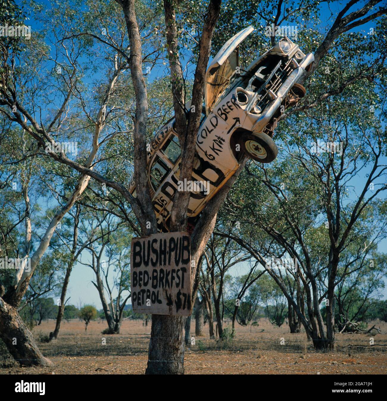 Australia. Northern Territory outback. Bush Pub sign. Wrecked car stuck up a gum tree. Stock Photo