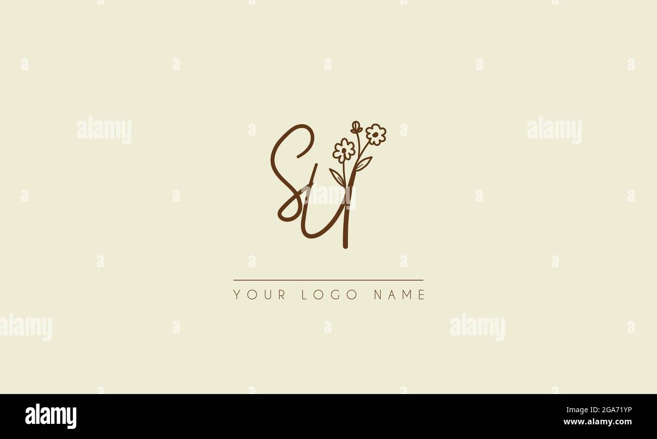 Initial letter SU Or US Signature handwritten wedding botanical floral icon logo vector  design  illustration Stock Vector