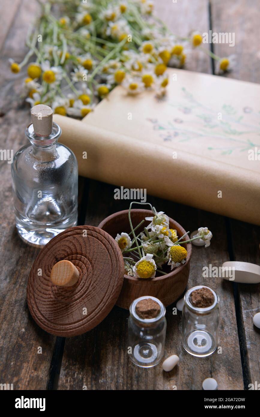 Old book with dry flowers in mortar on table close up Stock Photo