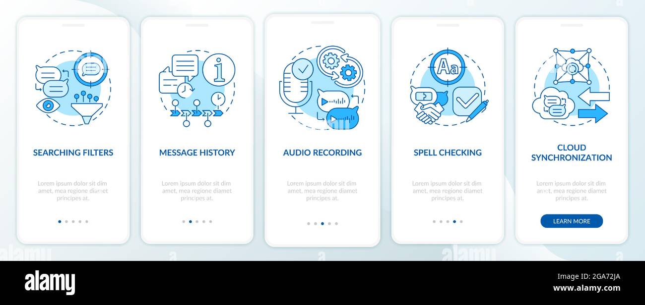 Best messaging feature blue onboarding mobile app page screen Stock Vector