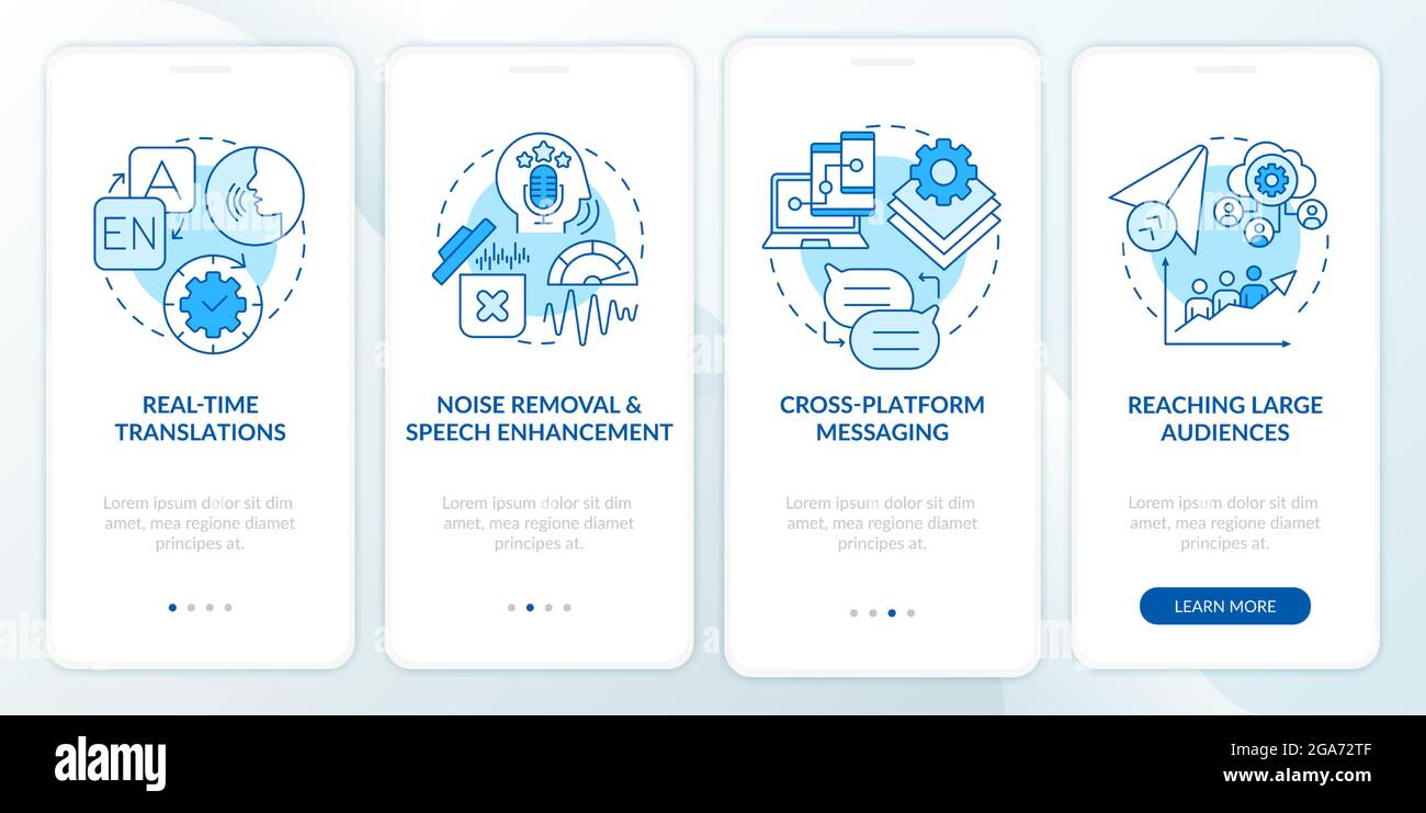 IM advanced feature blue onboarding mobile app page screen Stock Vector
