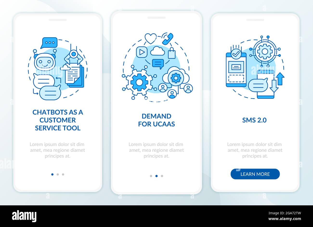 Messaging software trend blue onboarding mobile app page screen Stock Vector