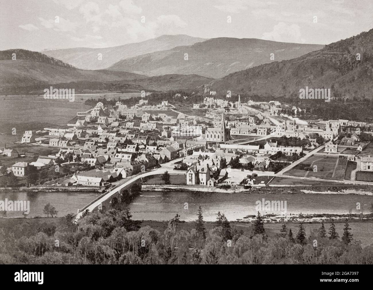 A late 19th century view of Ballater, a burgh on the River Dee, immediately east of the Cairngorm Mountains in Aberdeenshire, Scotland.  In the early 14th century, the area was part of the estates of the Knights of St John, but the settlement did not develop until around 1770; first as a spa resort to accommodate visitors to the Pannanich Mineral Well, then later upon the arrival of the railway in 1866 it was visited by many tourists taking advantage of the easier access thus afforded. Stock Photo