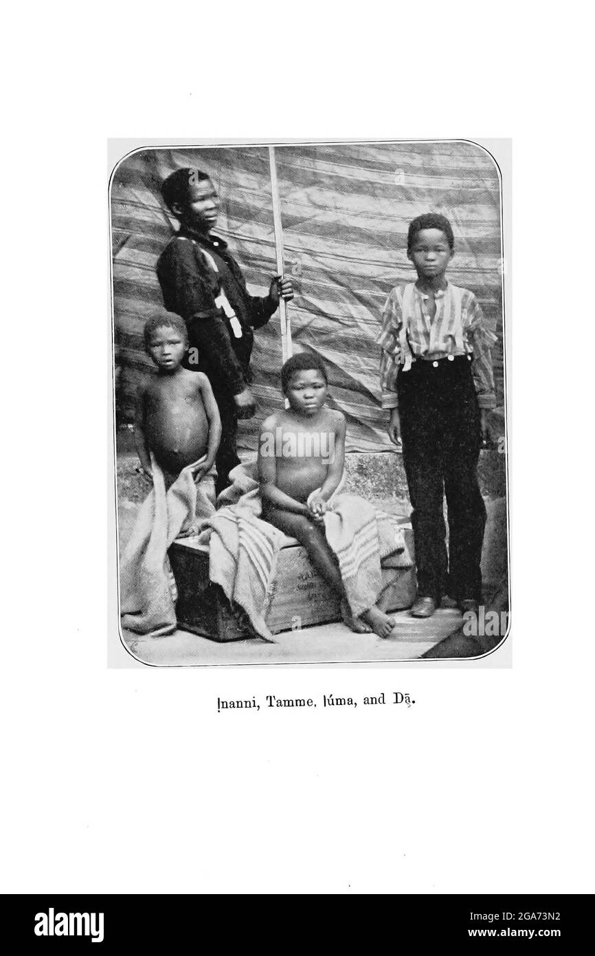 Bushmen Children From the book '  Specimens of Bushman folklore ' by Bleek, W. H. I. (Wilhelm Heinrich Immanuel), Lloyd, Lucy Catherine, Theal, George McCall, 1837-1919 Published in London by  G. Allen & Company, ltd. in 1911. The San peoples (also Saan), or Bushmen, are members of various Khoe, Tuu, or Kxʼa-speaking indigenous hunter-gatherer groups that are the first nations of Southern Africa, and whose territories span Botswana, Namibia, Angola, Zambia, Zimbabwe, Lesotho and South Africa. Stock Photo
