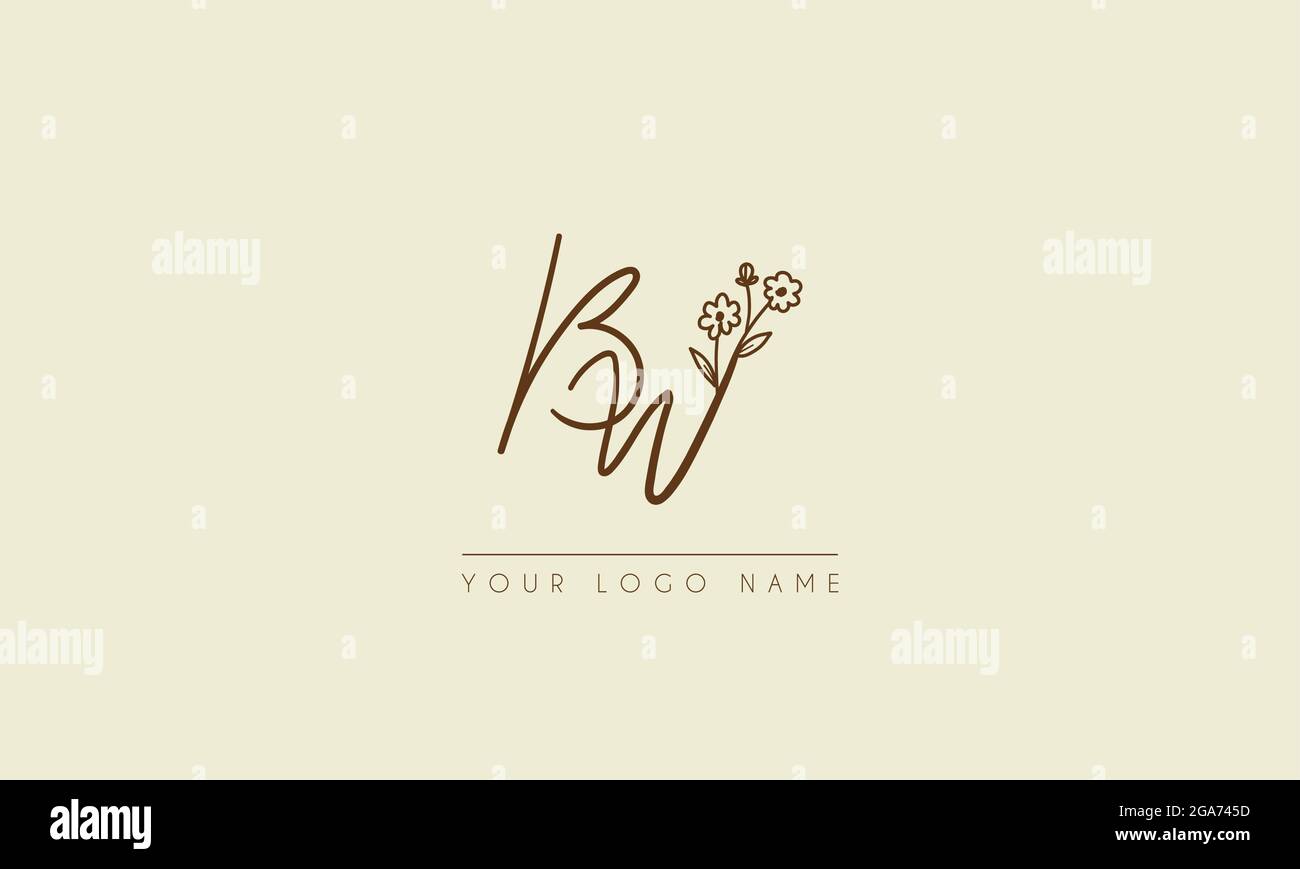 Initial letter BW Or WB  Signature handwritten wedding botanical floral icon logo vector  design  illustration Stock Vector