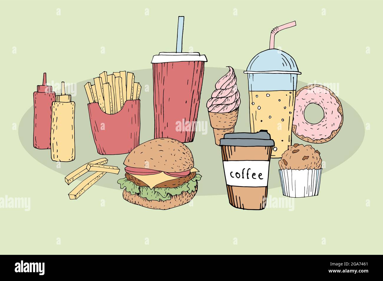 Junk food tasty doodle illustration set. Colorful sketch hamburger soda
