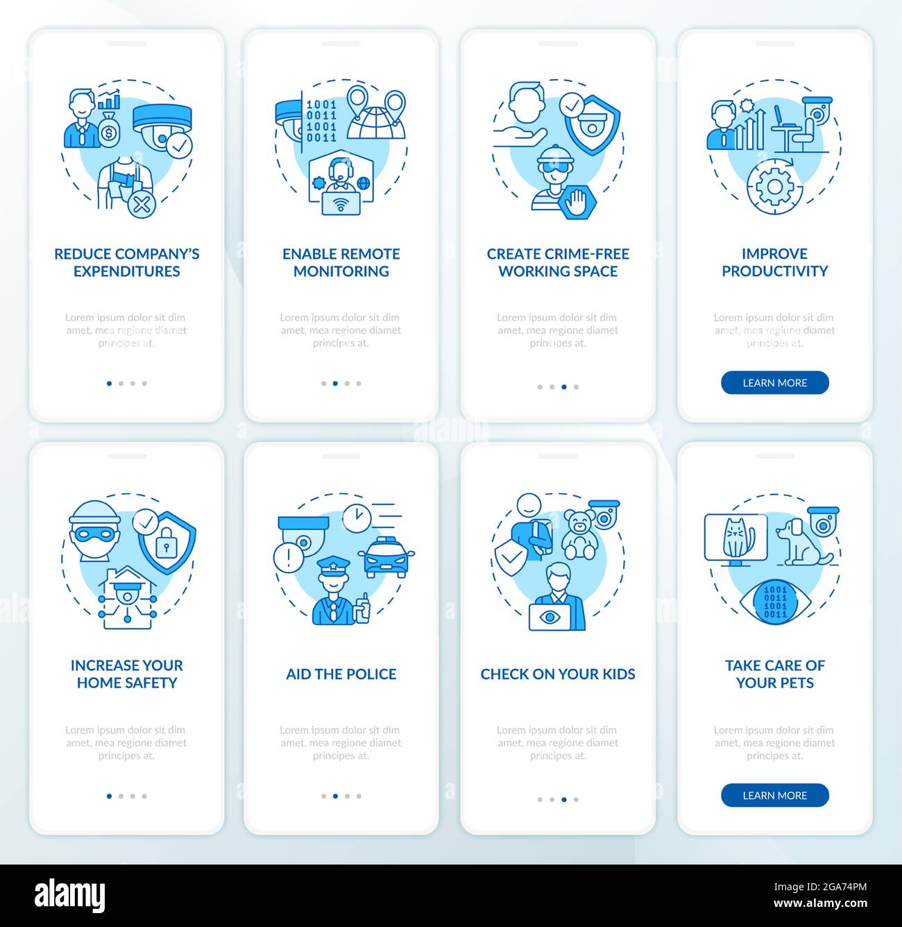 Security cameras onboarding mobile app page screen set Stock Vector