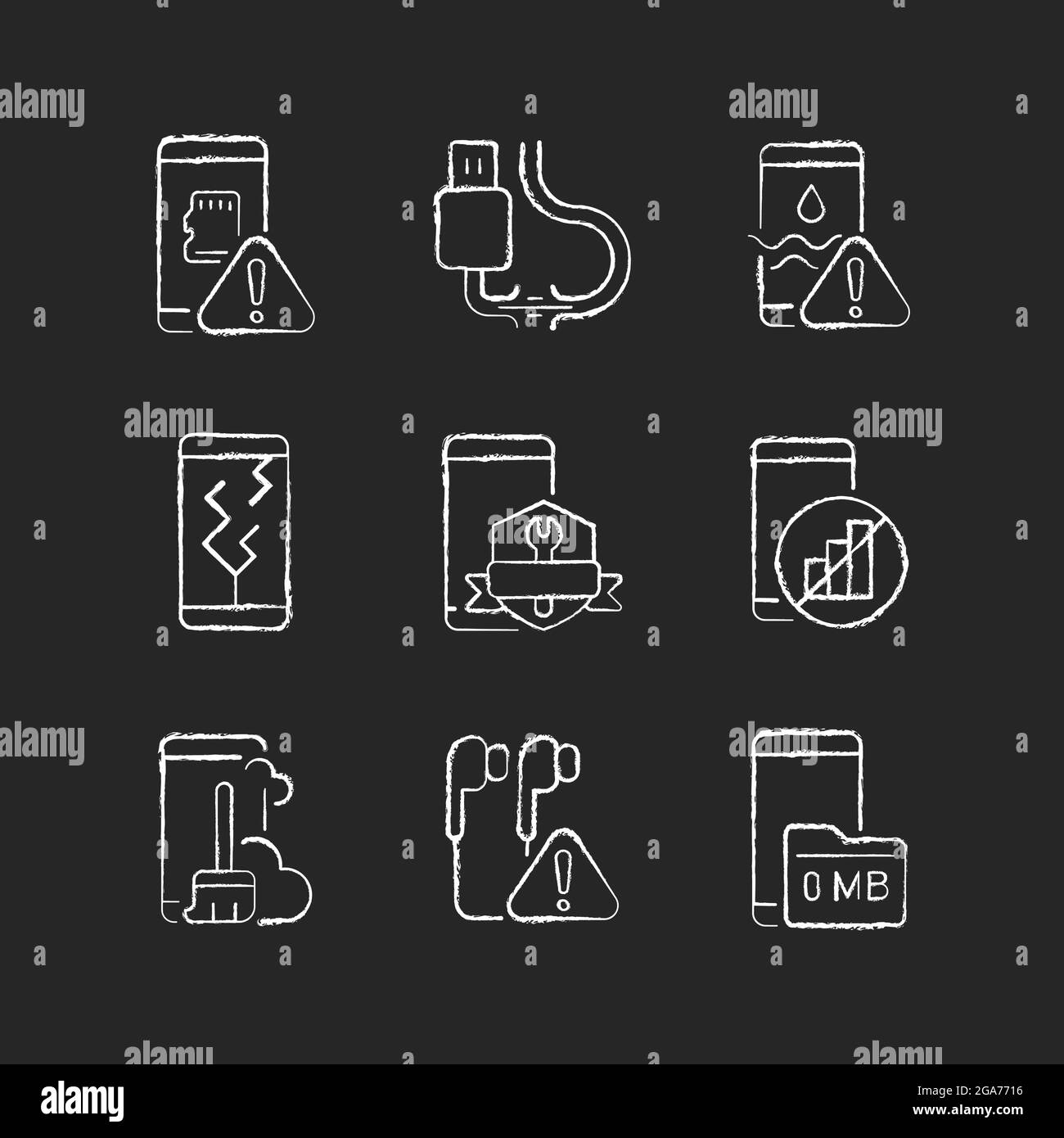 Mobile phone technical issues chalk white icons set on dark background Stock Vector