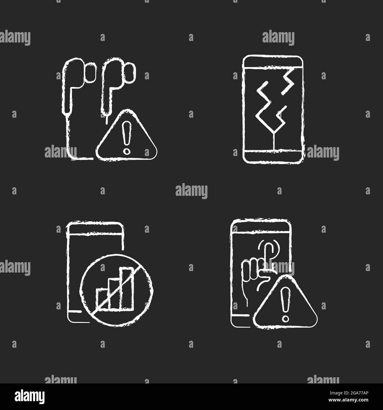 Smartphone breakdowns chalk white icons set on dark background Stock Vector