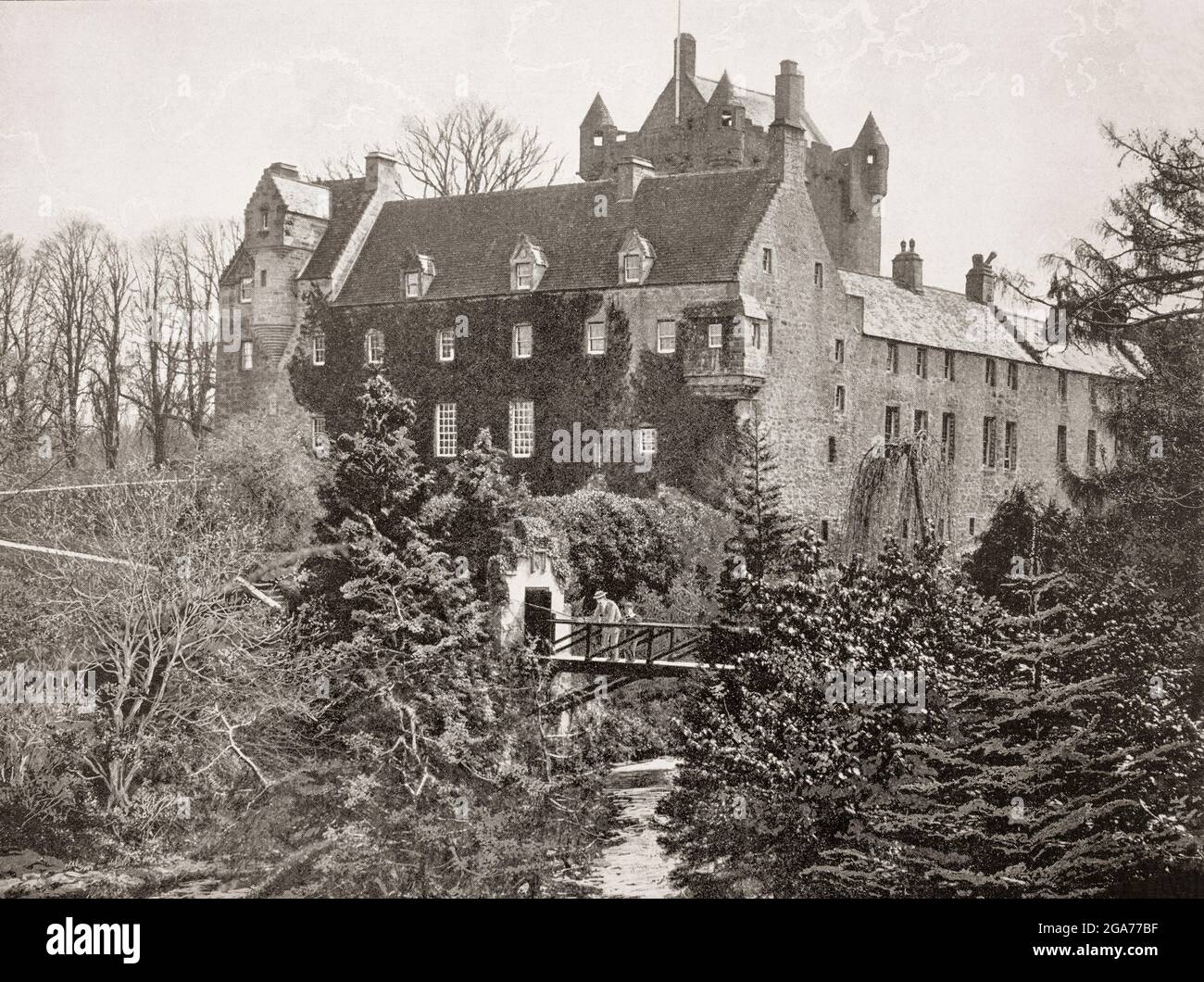 A late 19th century view of Cawdor Castle in Nairnshire, Scotland. It was built around a 15th-century tower house, with substantial additions in later centuries. Originally a property of the Calder family, it passed to the Campbells in the 16th century and remains in Campbell ownership. The castle is perhaps best known for its literary connection to William Shakespeare's tragedy Macbeth, in which the title character is made 'Thane of Cawdor'. However, the castle, never directly referred to in Macbeth, was built many years after the life of the 11th-century King Macbeth. Stock Photo