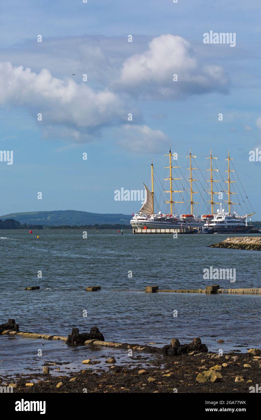 Poole, Dorset, UK. 29th July, 2021. Golden Horizon luxury cruise ship, the World's largest square-rigged sailing vessel, five-mast, iron-hulled cruise liner, moored in Poole Harbour, arriving in port this morning.  Credit: Carolyn Jenkins/Alamy Live News Stock Photo