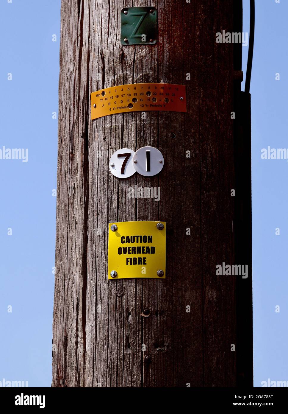 Warning on old wooden post of buried fibre optic cables. Stock Photo