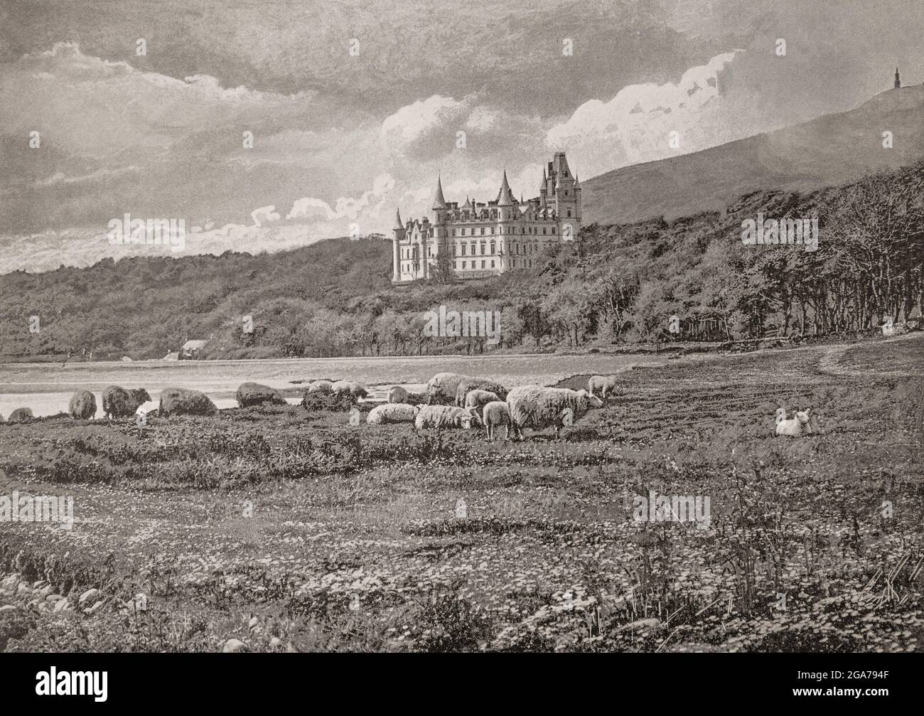 A late 19th century view of Dunrobin Castle, a stately home in Sutherland, in the Highland area of Scotland. The family seat of the Earl of Sutherland and the Clan Sutherland, it's origins lie in the Middle Ages and some of the original building is visible in the interior courtyard. Between 1835 and 1850, Sir Charles Barry remodelled the castle in the Scottish Baronial style for the 2nd Duke of Sutherland. Stock Photo
