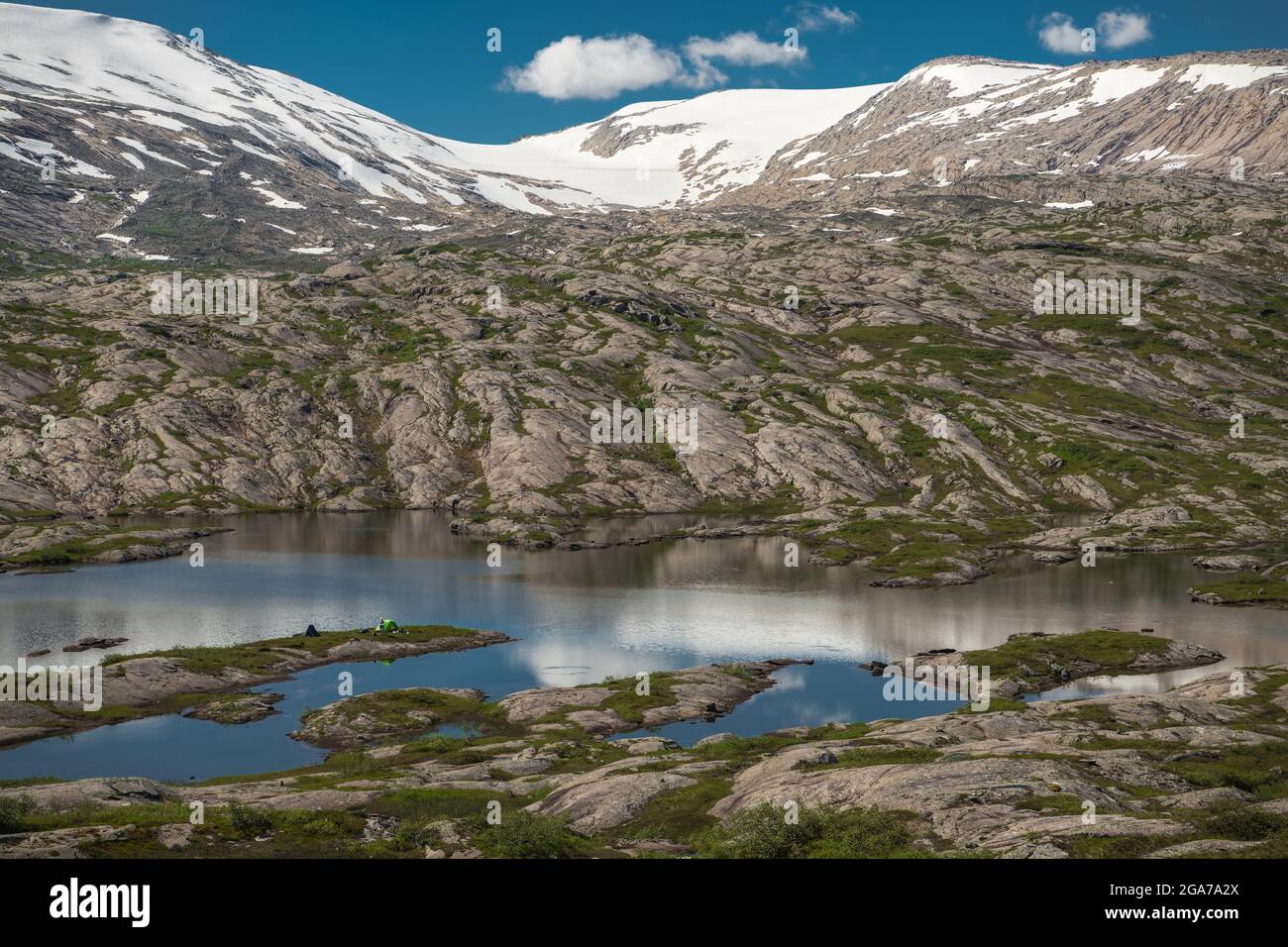 Norwegian Wilderness Campsite. Wild Tent Camping and the Scenic Saltfjellet Svartisen National Park Stock Photo