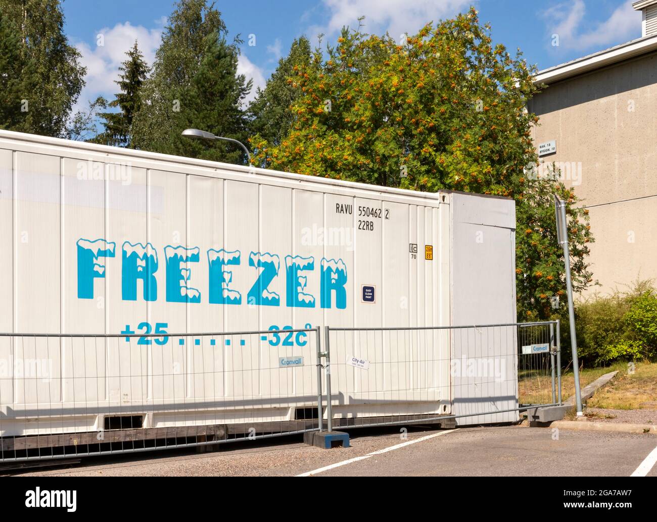 A set of refrigerated containers deployed onto the Malmi hospital grounds as an emergency morgue in preparation for Covid-19 casualties. Talvelantie 6. Stock Photo