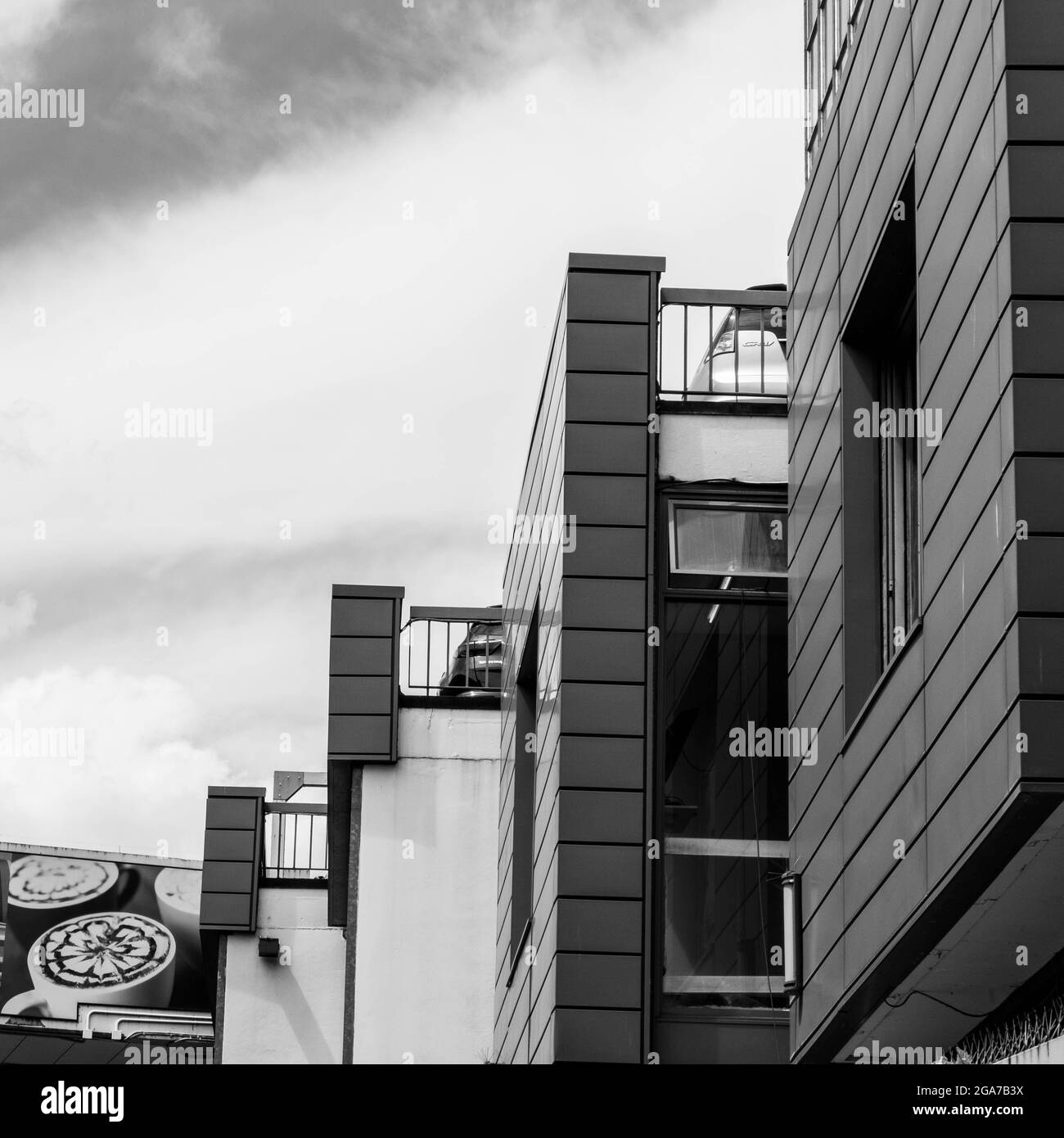 Kingston Surrey London, June 2021, Office Building Exterior Cladding With No People In Black and White Stock Photo