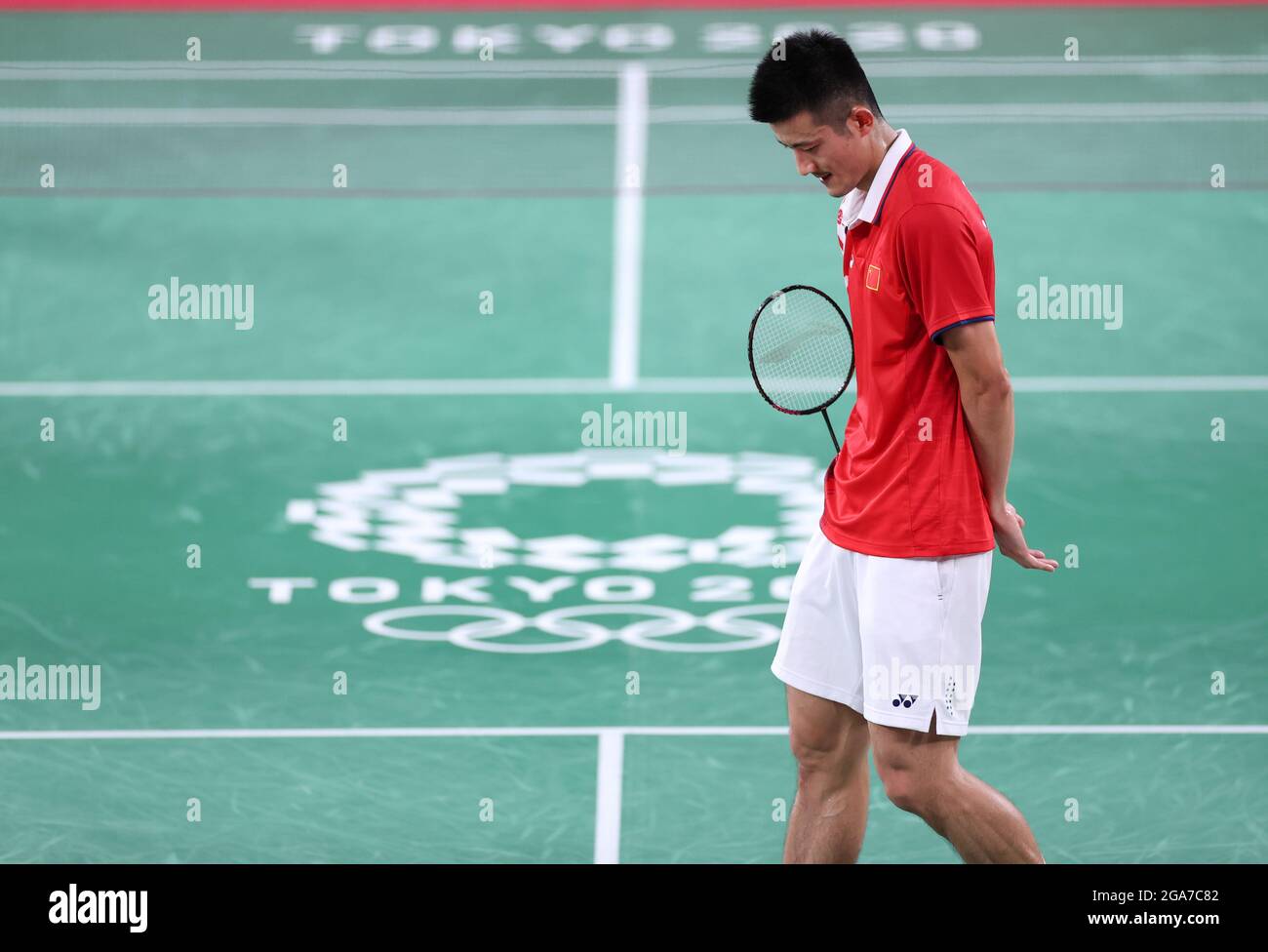 Tokyo Japan 29th July 2021 China S Chen Long Reacts During The Badminton Men S Singles Round Of 16 Match Against Malaysia S Lee Zii Jia At Tokyo 2020 Olympic Games In Tokyo Japan July