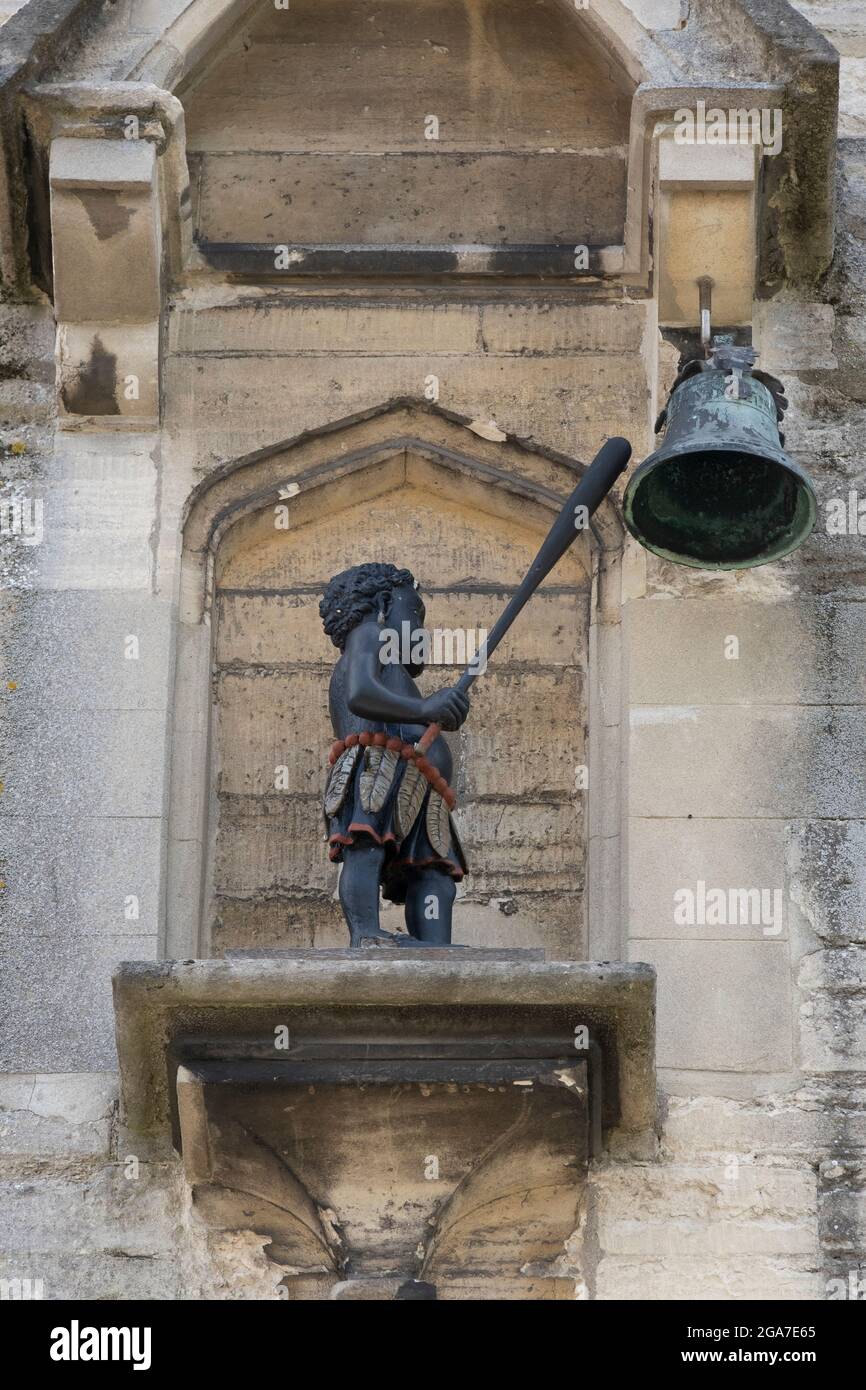 The Blackboy clock. A clock chiming mechanism depicting a statue of a black boy hitting a bell with a club. Late 18th century.  Stroud Gloucestershire. 29 July 2021 Stock Photo