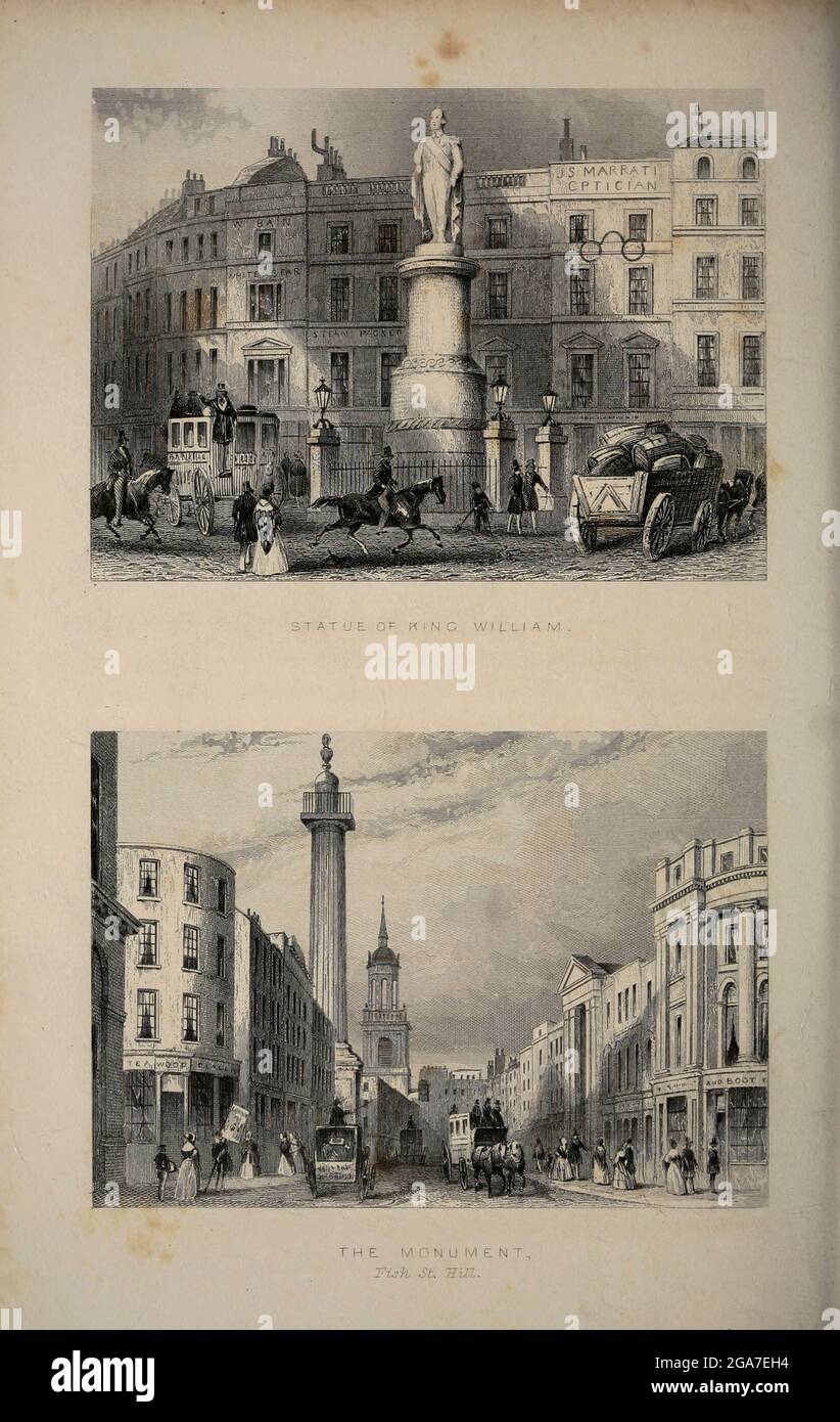 London Statue of King William and The Monument at Fish Street Hill From the book Illustrated London, or a series of views in the British metropolis and its vicinity, engraved by Albert Henry Payne, from original drawings. The historical, topographical and miscellanious notices by Bicknell, W. I; Payne, A. H. (Albert Henry), 1812-1902 Published in London in 1846 by E.T. Brain & Co Stock Photo