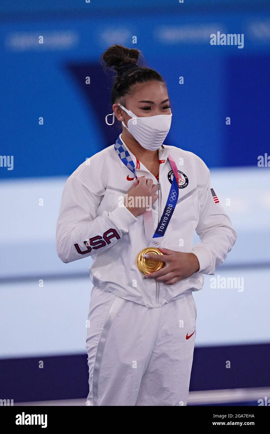 Tokyo, Japan. 29th July, 2021. Sunisa Lee of the United States adjusts ...