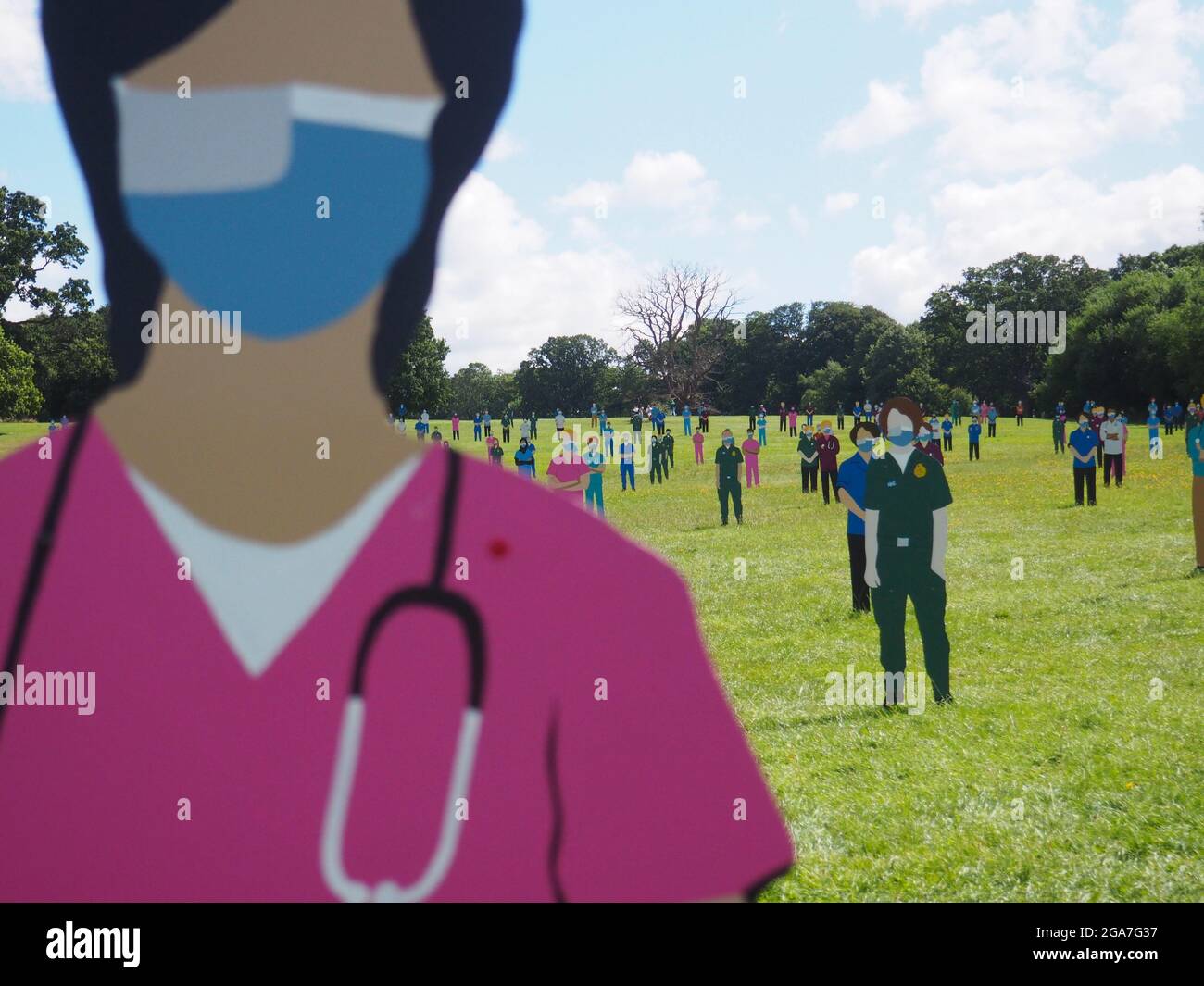 Oxford, UK. 29th July 2021. The Standing with Giants community art installation in South Park in tribute to the NHS workers who lost their lives while fighting Covid-19. Credit: Angela Swann/Alamy Live News Stock Photo