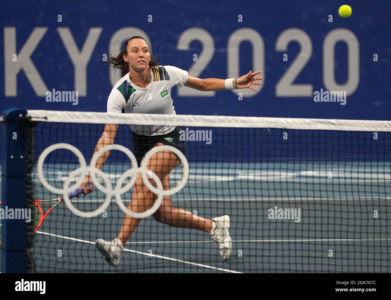 Tokyo, Japan. 29th July, 2021. Luisa Stefani of Brazil competes during the tennis women's doubles semifinal between Laura Pigossi/Luisa Stefani of Brazil and Belinda Bencic/Viktorija Golubic of Switzerland at the Tokyo 2020 Olympic Games in Tokyo, Japan, July 29, 2021. Credit: Li Yibo/Xinhua/Alamy Live News Stock Photo