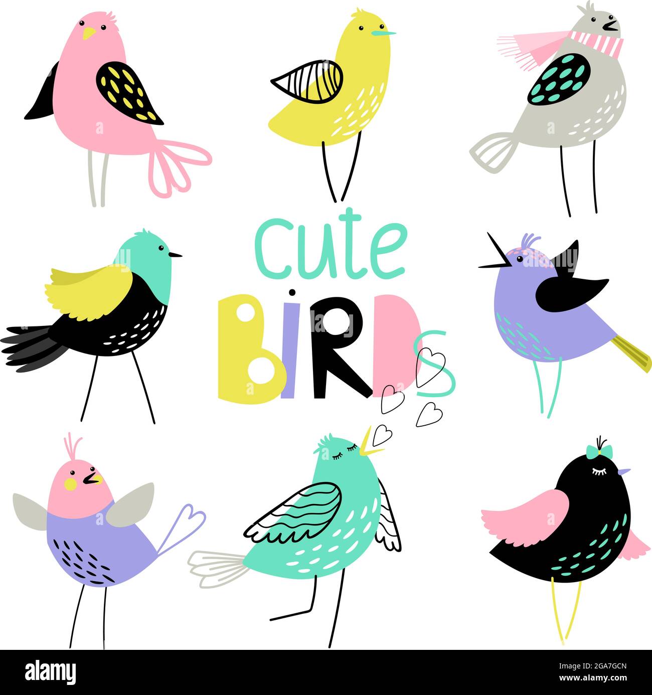 Cute set with different beautiful colored birds Stock Vector